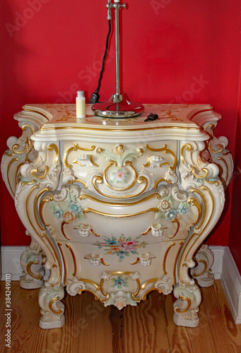 Ornate drawer unit in a hotel room in Hamburg, Germany