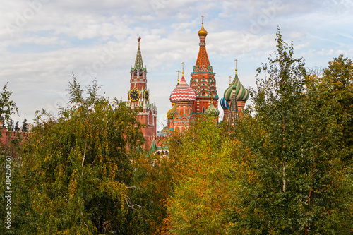 Spasskaya Tower and the Church of Vasily the Blessed through the trees of Zaryadye Park