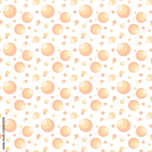Beige, orange, yellow spherical shapes. Pastel colored seamless pattern. Chaotic circles on a white background. Multicolored abstract design for wallpaper, wrapping paper, textile, websites
