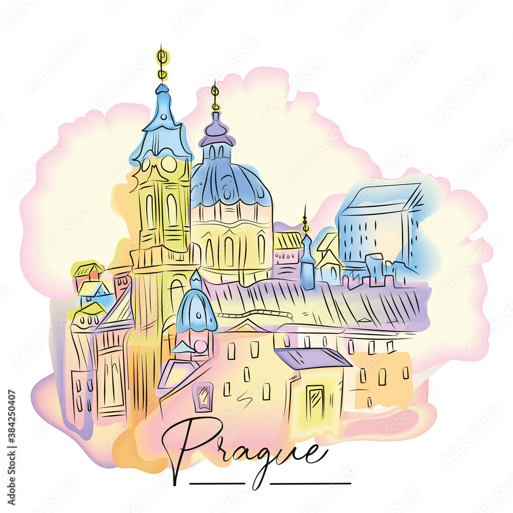 Cityscape of Prague. Watercolor technique - Vector illustration
