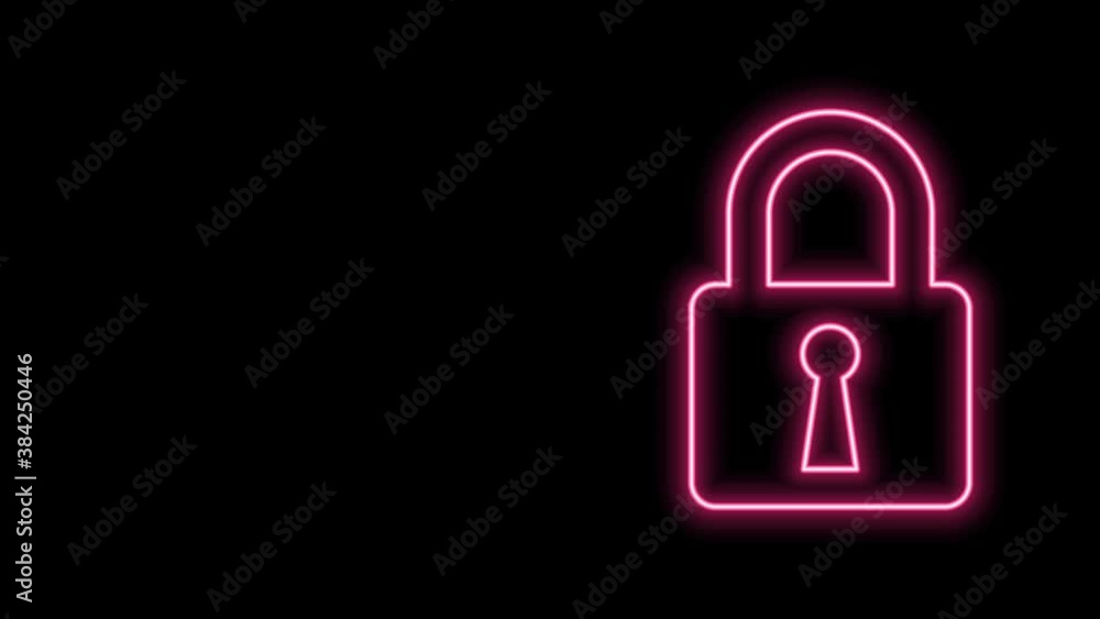 Glowing neon line Lock icon isolated on black background. Closed padlock sign. Cyber security concept. Digital data protection. Safety safety. 4K Video motion graphic animation Glowing neon line Lock icon isolated on black background. Closed padlock sign. Cyber security concept. Digital data protection. Safety safety. 4K Video motion graphic animation