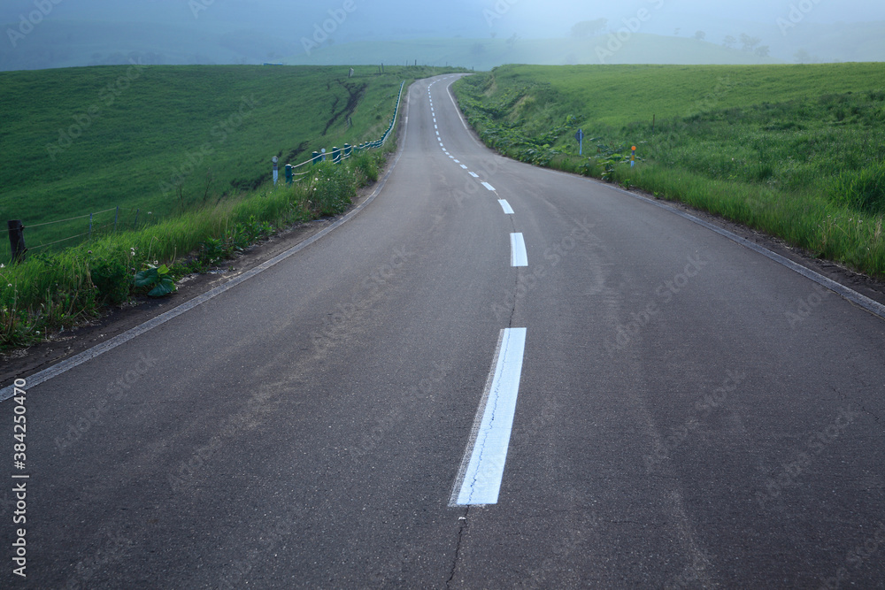 青い夕暮れの一本道