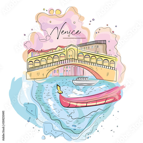 Cityscape of Venice. Watercolor technique - Vector illustration