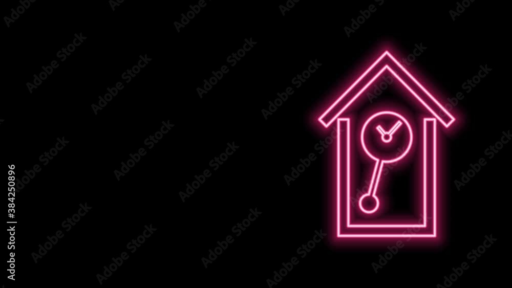 Glowing neon line Retro wall watch icon isolated on black background. Cuckoo clock sign. Antique pendulum clock. 4K Video motion graphic animation Glowing neon line Retro wall watch icon isolated on black background. Cuckoo clock sign. Antique pendulum clock. 4K Video motion graphic animation