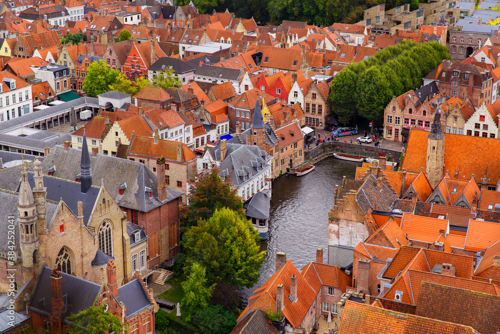 Bruges, Flanders, Belgium, Europe - October 1, 2019. Autumn scenery of  medieval world heritage city, Bruges (Brugge) from the Belfry tower aerial view