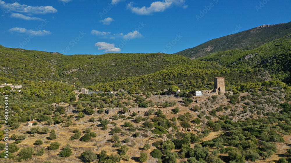 Fototapeta premium Aerial drone photo of iconic medieval castle of Aigosthena, Porto Germeno, West Attica, Greece