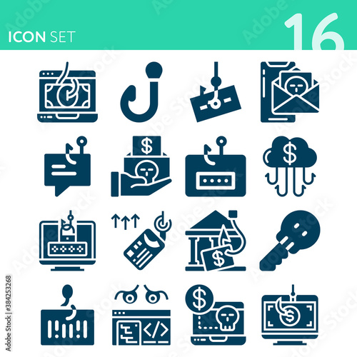Simple set of 16 icons related to phishing