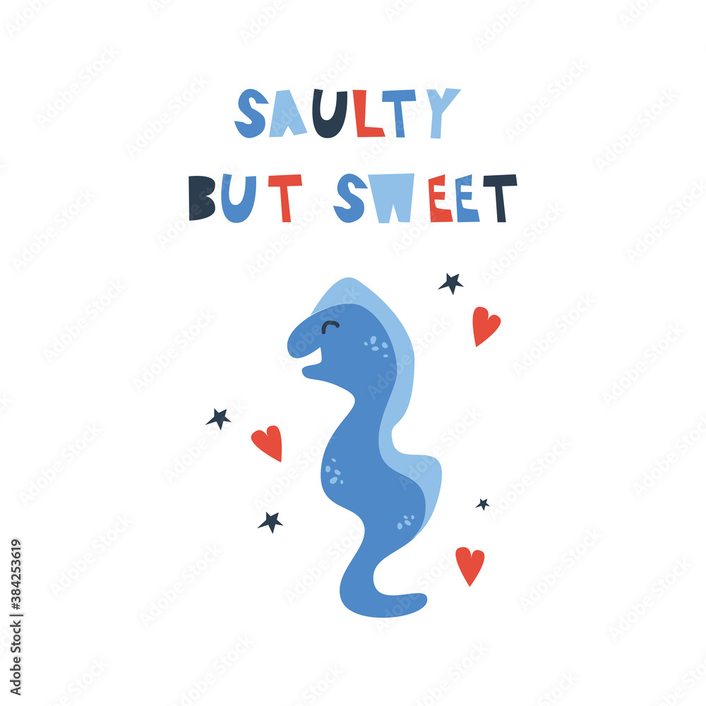 Vector handdrawn cute illustration of moray or moray eel with hearts and stars and saulty but sweet phrase. Concept for kids design, cute cartoon character for children poster. Funny sea creature Vector handdrawn cute illustration of moray or moray eel with hearts and stars and saulty but sweet phrase. Concept for kids design, cute cartoon character for children poster. Funny sea creature