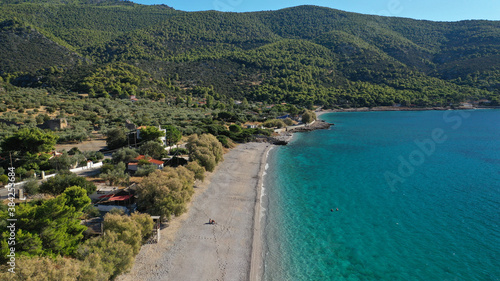 Aerial drone photo of beautiful seaside village and turquoise beach of Porto Germeno  Corinthian gulf  West Attica  Greece