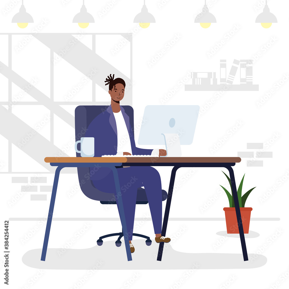 afro man using desktop in workplace character afro man using desktop in workplace character