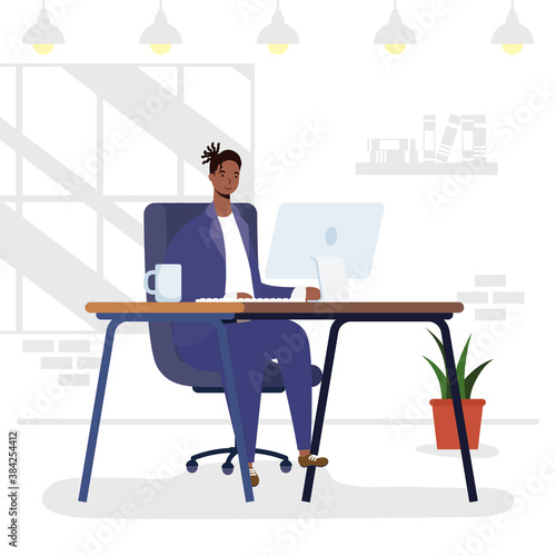afro man using desktop in workplace character