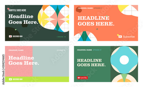 Youtube channel video thumbnail template set of four, social media graphic resources. Fashion trendy abstract texture style background with placeholder texts.	
