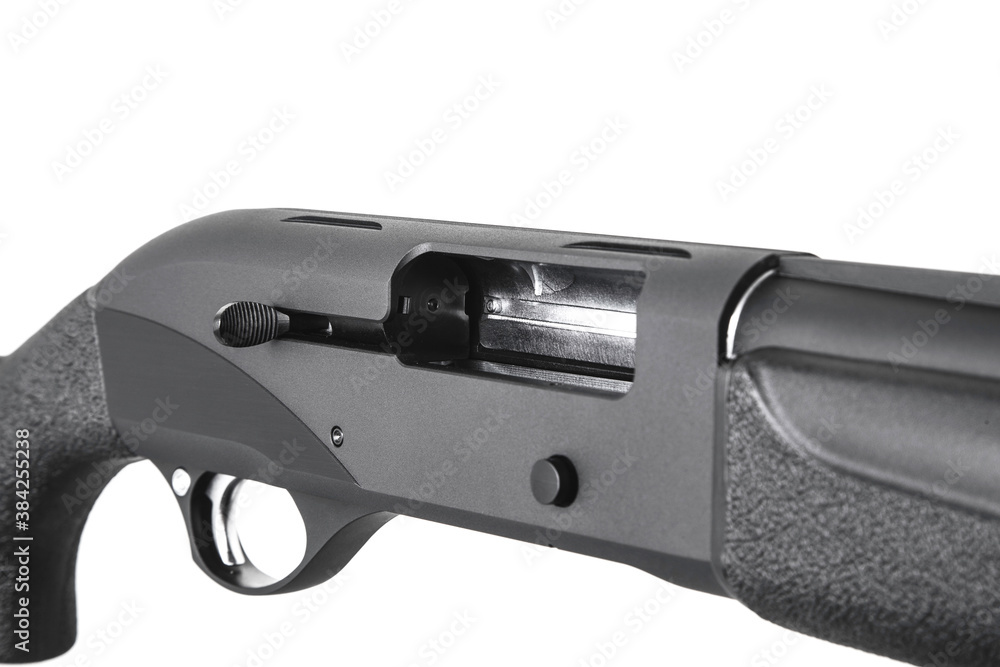 Modern semi-automatic shotgun. Weapons for sports and hunting. Black weapon isolate on white back.