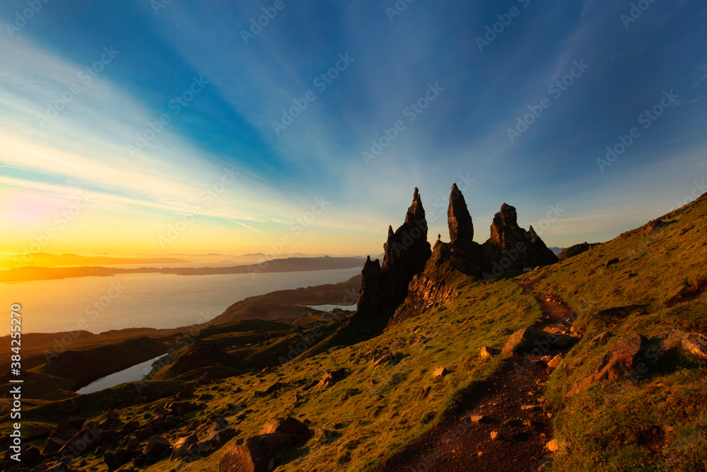 View of the old man of storr on the isle of skye at sunrise.