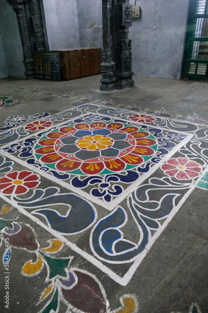 KANCHIPURAM, INDIA DEC 26, 2019 Colorful sacred mandala patterns on