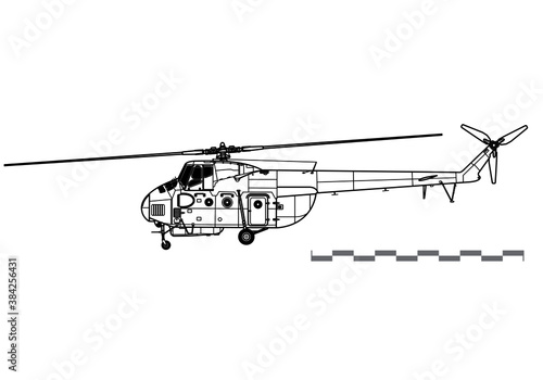 Mil Mi-4 Hound-A. Vector drawing of military transport helicopter. Side view. Image for illustration and infographics.