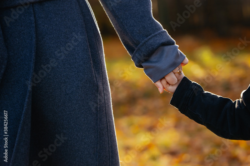 Mother and son's hands holding each other. Autumn Park in the background