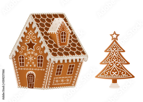 gingerbread house with christmas tree