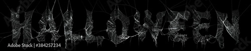 Collage of real spider webs to make highly detailed Halloween text on black