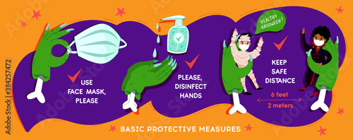 Halloween Coronavirus  social infographic  banner with COVID-19 protection information in cartoon funny festive style. Basic protective measures: Keep distance, disinfect hands, use mask. Vector