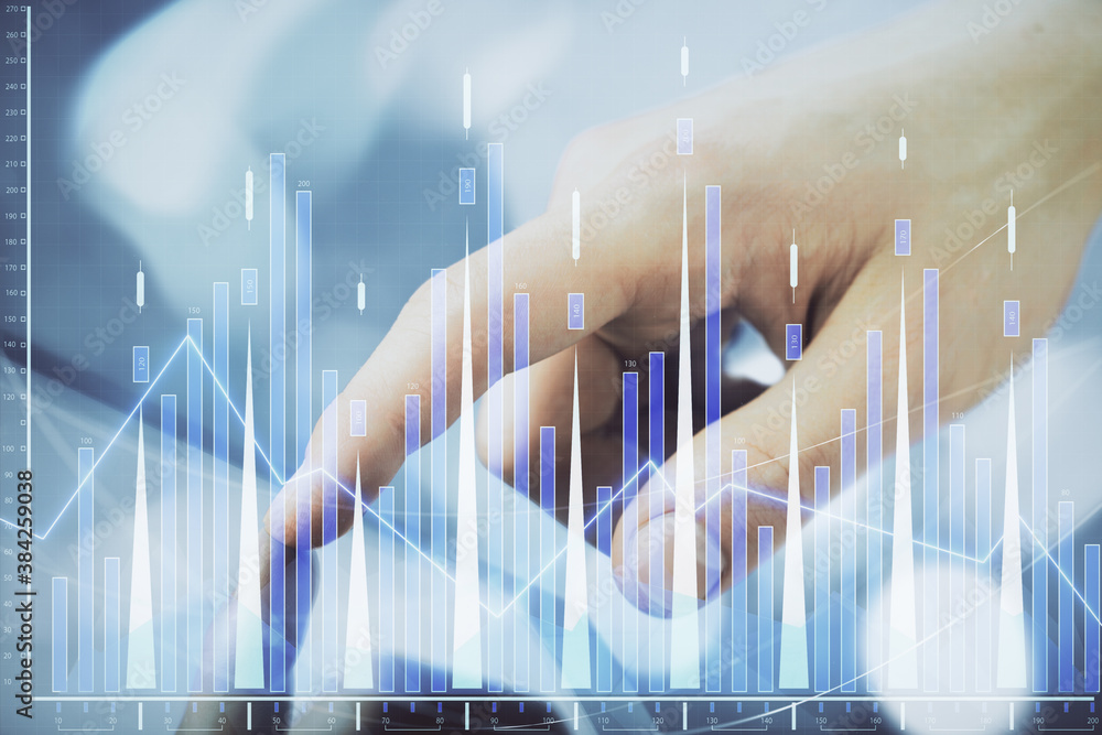 Multi exposure of man's hands holding and using a phone and financial chart drawing. Market analysis concept. Multi exposure of man's hands holding and using a phone and financial chart drawing. Market analysis concept.