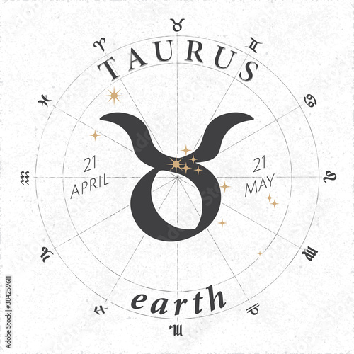 Zodiac Sign Taurus Logo and Earth Lettering with Taurus Constellation Stars and Dates in Zodiac Circle - Black and Beige Elements on White Rough Paper Background -  Vintage Graphic Design