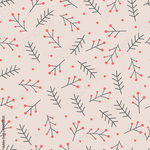 Christmas seamless pattern with spruce and fir branch with berry for holiday wrapper paper.