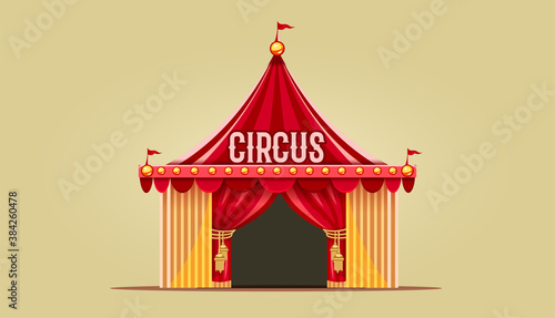 Entrance of circus marquee with red curtains, bulbs and flag. Eps10 vector illustration.
