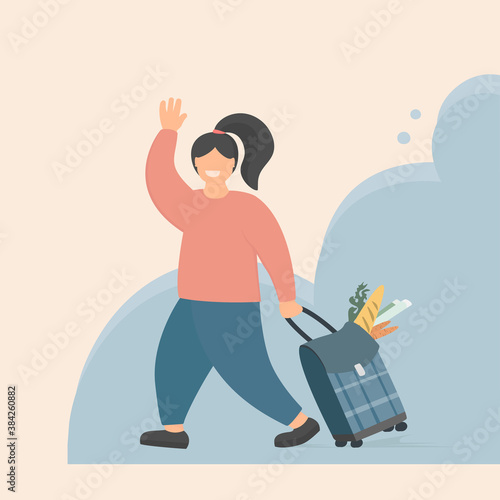 Smiling woman grocery shopping trolley bag. Shopping food from the supermarket in a reusable fabric grocery bag on wheels. Vector flat style illustration.