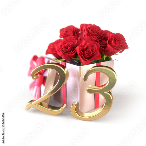 birthday concept with red roses in gift isolated on white background. twenty-third. 23rd. 3D render
