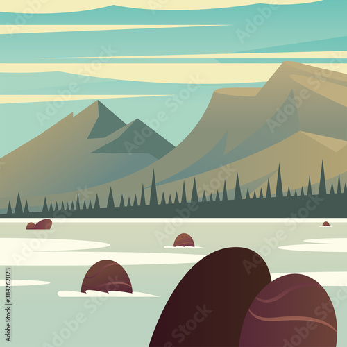 landscape of sea in front of mountains and pine trees vector design