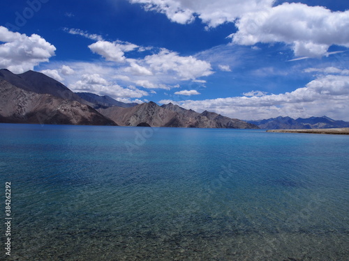 Beautiful lakes and magnificent blue skies and mountains  Pangong tso  Lake   Durbuk  Leh  Ladakh  Jammu and Kashmir  India