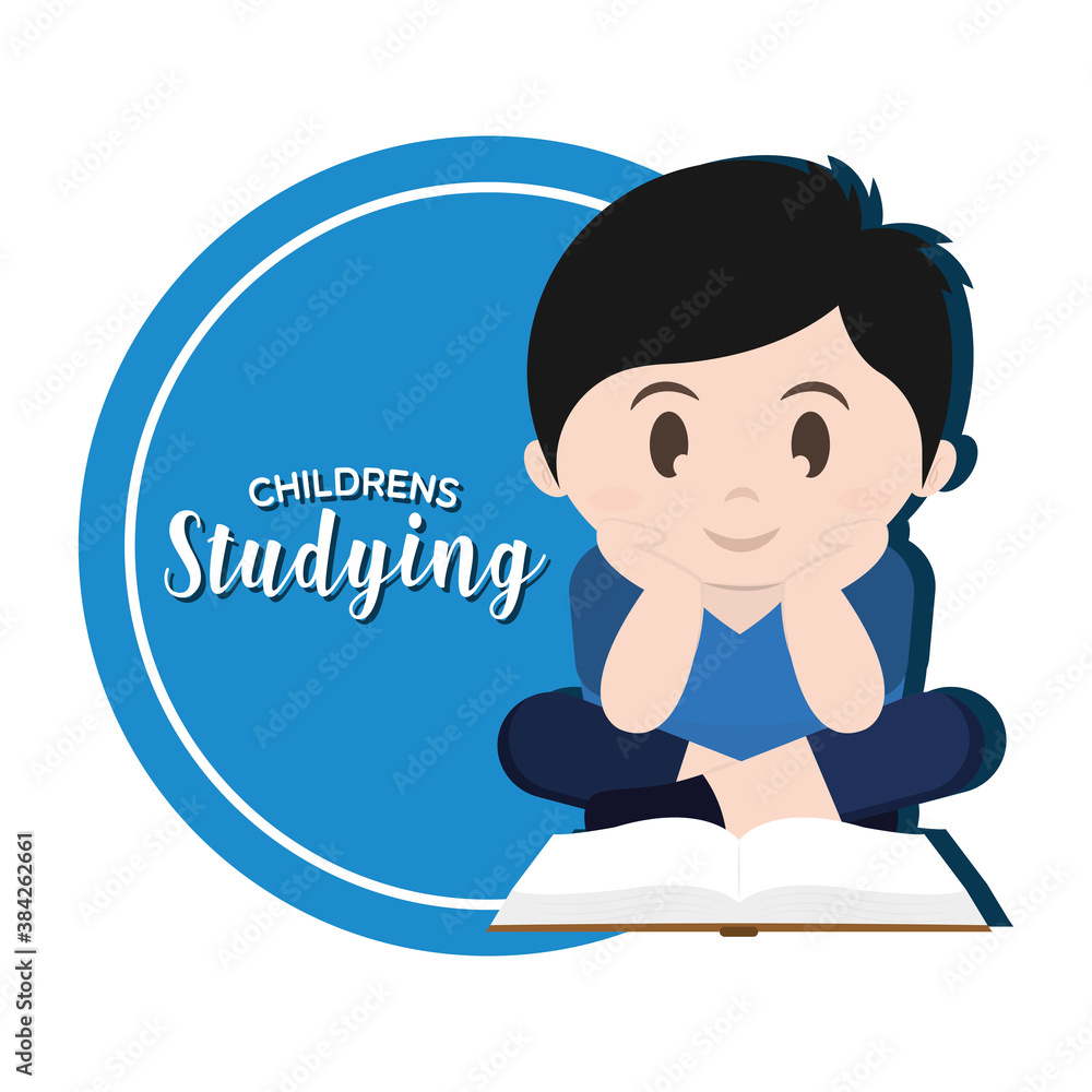 Isolated boy read childrens studying school logo - Vector