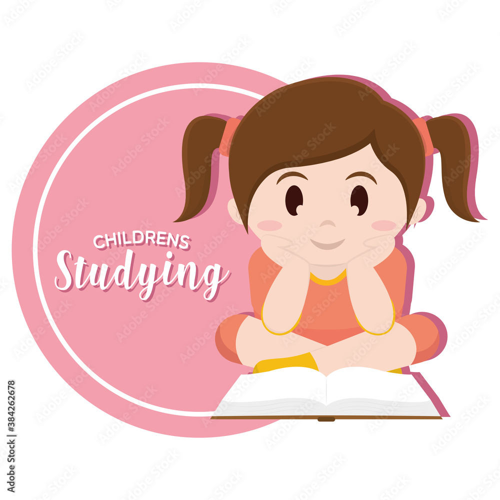 Isolated girl read childrens studying school logo - Vector