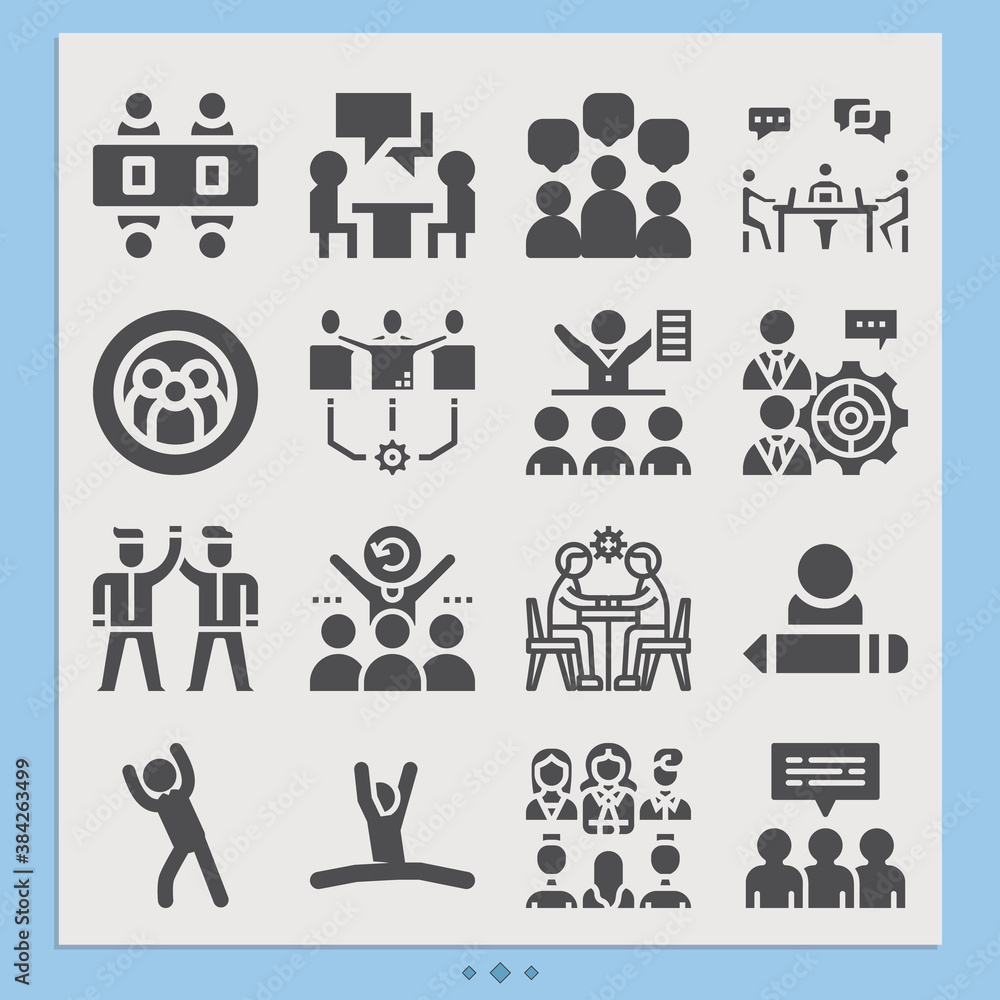 Simple set of attended related filled icons. Simple set of attended related filled icons.