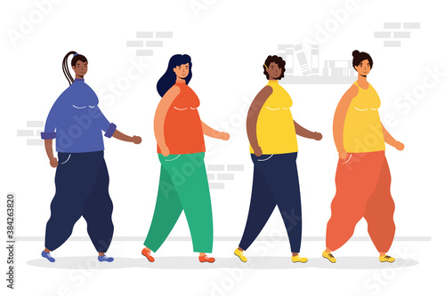 group of interracial women walking characters