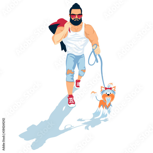 Man with small yorkshire terrier vector illustration. Bearded athlete guy walk a dog flat style design.