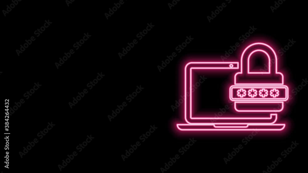 Glowing neon line Laptop with password notification and lock icon isolated on black background. Security, personal access, user authorization, login form. 4K Video motion graphic animation Glowing neon line Laptop with password notification and lock icon isolated on black background. Security, personal access, user authorization, login form. 4K Video motion graphic animation