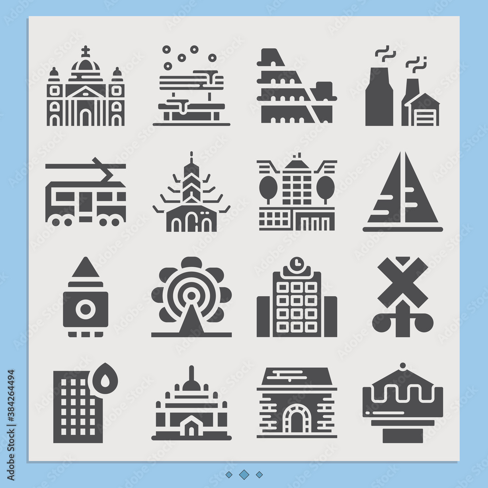 Simple set of urban planning related filled icons.