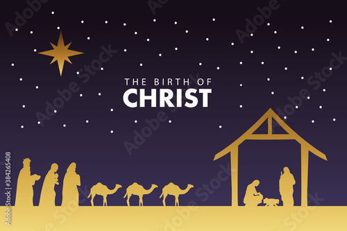 happy merry christmas manger scene with golden holy family and magic kings