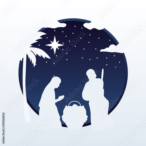 happy merry christmas manger scene with holy family silhouette at night