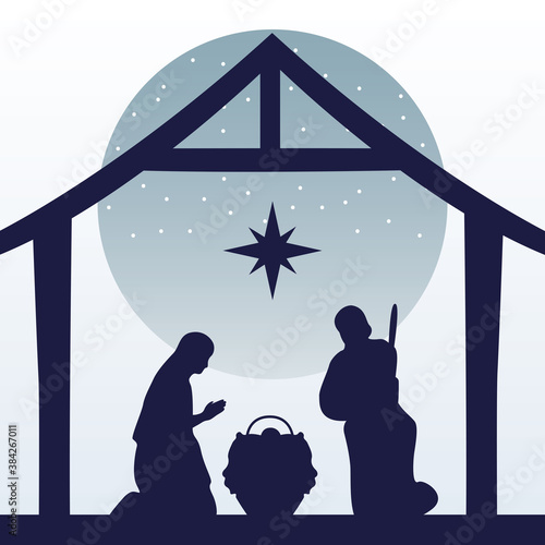 happy merry christmas manger scene with holy family in stable silhouette