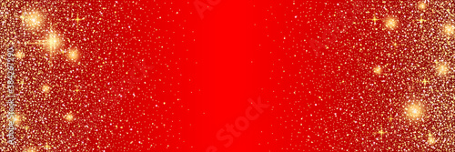 Christmas and New Year vector banner template. Red gradient vector background with stars and glitter effect