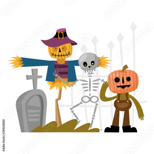 halloween scarecrow skull and pumpkin cartoon vector design