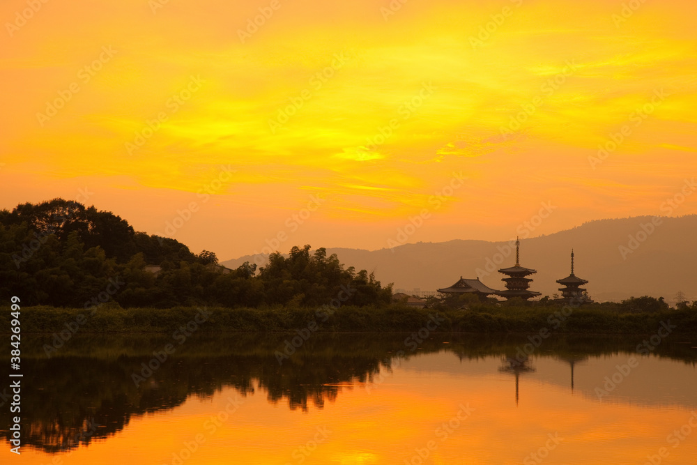 奈良県薬師寺の夜明け