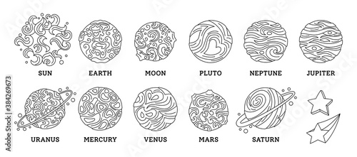 Solar system planet black line set. Doodle astronomical observatory. Sun moon mercury venus earth mars jupiter saturn uranus neptun planets. Astronomy galaxy space. Vector flat design illustration