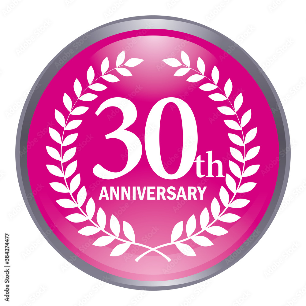 光沢感立体感のある月桂樹のリース付きアニバーサリーのアイコンマゼンタ 30周年ボタン30th Anniversary Stock Vector Adobe Stock