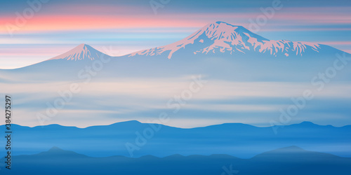 Fantasy on the theme of the mountain landscape. Mount Ararat at sunrise. Vector illustration, EPS10
