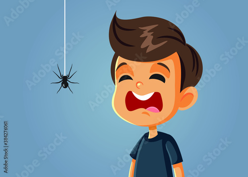 Scared Boy Being Afraid of a Spider Vector Cartoon