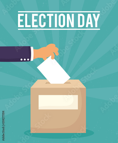 election day lettering with hand insert card voting in box